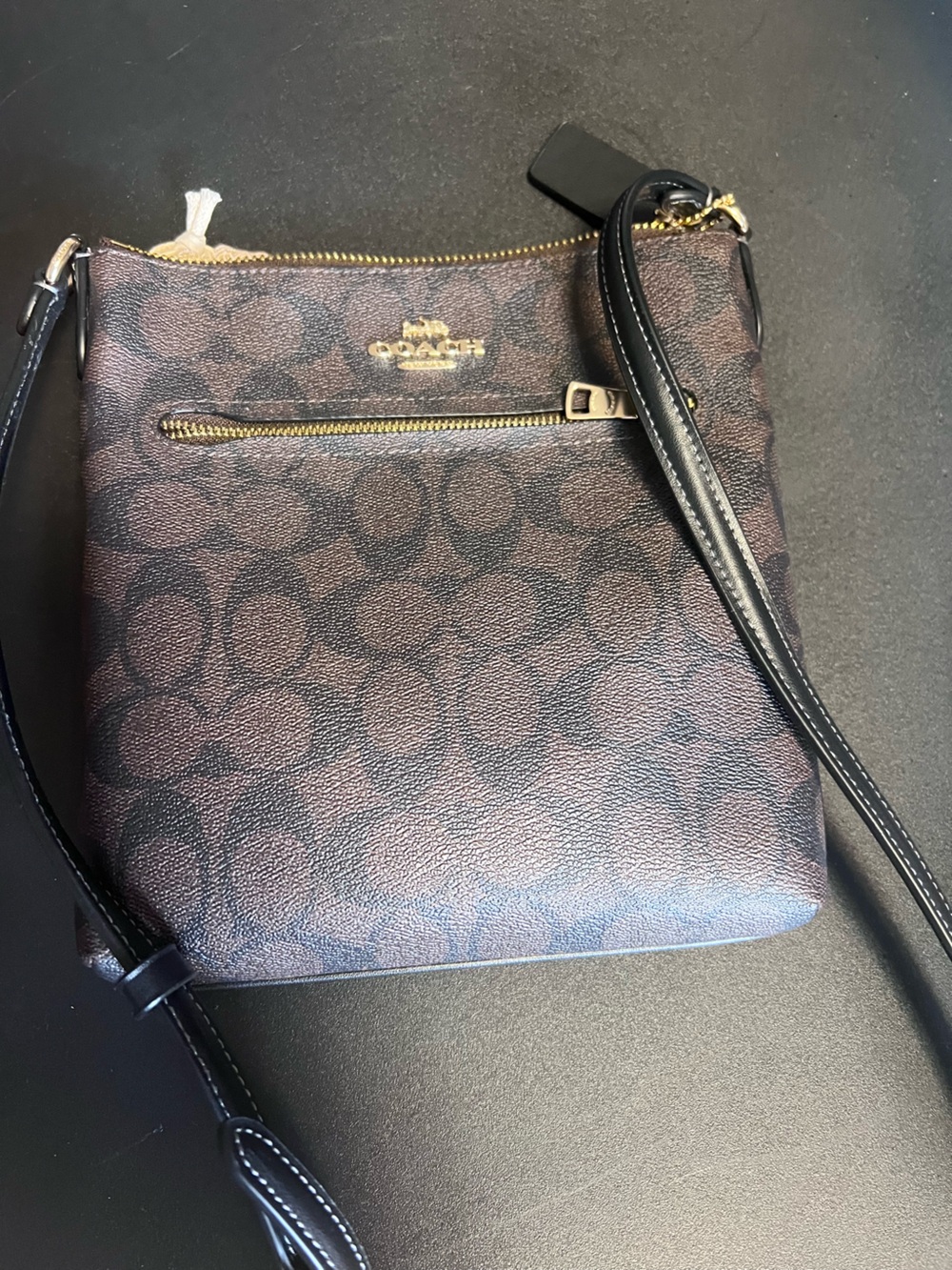Coach Signature Crossbody in Dark Brown with Black Strap and Gold Hardware